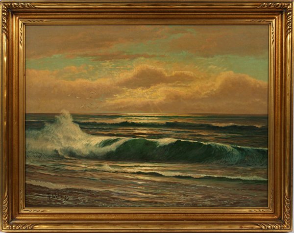 FRANZ WALDEGG, OIL ON CANVAS, SEASCAPE: FRANZ WALDEGG, OIL ON CANVAS, H 25.63", L 31.63", SEASCAPE:Franz Waldegg [Austrian, 1888-1966]. Depicting rolling seas at sunset. Signed lower right. Framed.