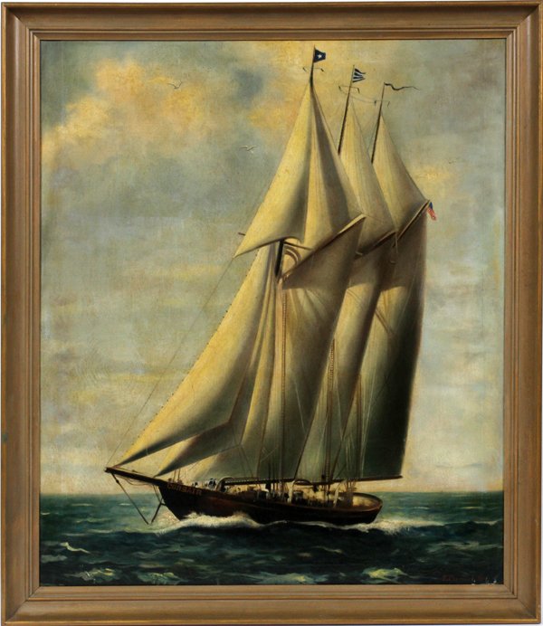 F. CLEMENT, OIL ON CANVAS, 1934, "CORSAIR": F. CLEMENT, OIL ON CANVAS, 1934, H 39", L 33", "CORSAIR":Depict a large yacht at full sail with seagulls in the air. Having a burgee believed to be from the Buffalo Yacht Club. Signed and dated lower 