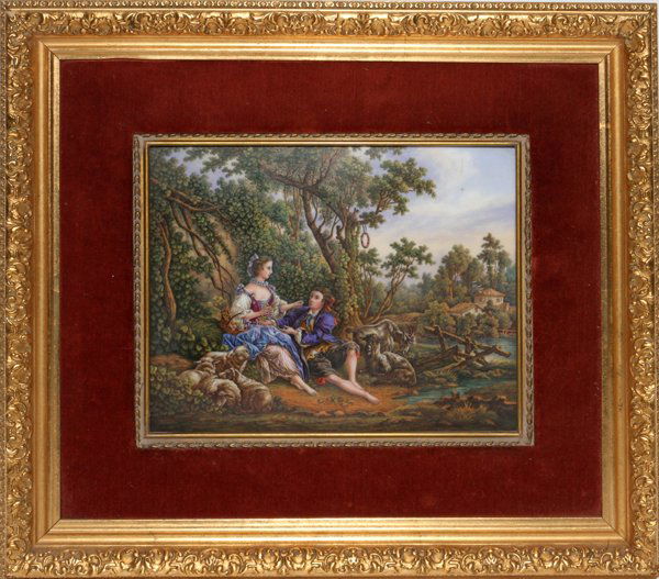 GERMAN PORCELAIN PLAQUE COURTING SCENE LANDSCAPE: GERMAN HAND PAINTED PORCELAIN PLAQUE, 20TH C., H 6", W 7 3/8" COURTING SCENE IN A LUSH LANDSCAPE: Two lovers in landscape with sheep. A.O. Rose & Son Picture Frames, Detroit label on verso. C. 1940-19