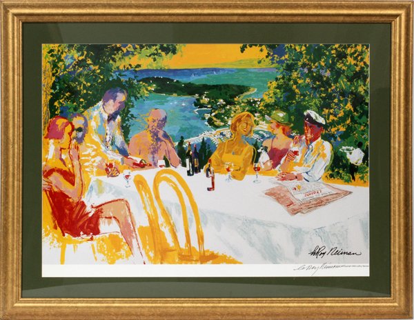 AFTER LEROY NEIMAN SERIGRAPH, FIGURES HAVING WINE: AFTER LEROY NEIMAN, SERIGRAPH, C. 2000, 19" X 28": Individually signed; no edition number; framed. Depicting Figures having wine at an outdoor table.