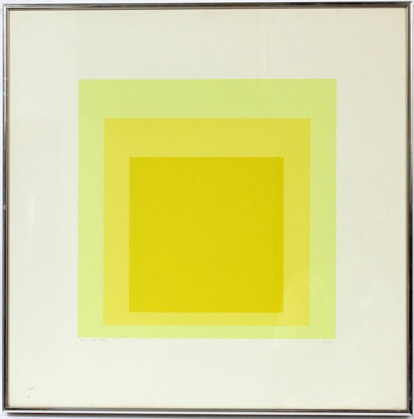 JOSEF ALBERSSILKSCREEN ON PAPER 1970 HOMAGE: JOSEF ALBERS (AMERICAN/GERMAN 1888-1976), SILKSCREEN ON PAPER, 1970, H 13 3/4", W 13 3/4", "HOMAGE T:Pencil initialed 'A' and dated '70 lower right; Edition Keller 1g (EK IG)"; Edition #77/125. Framed