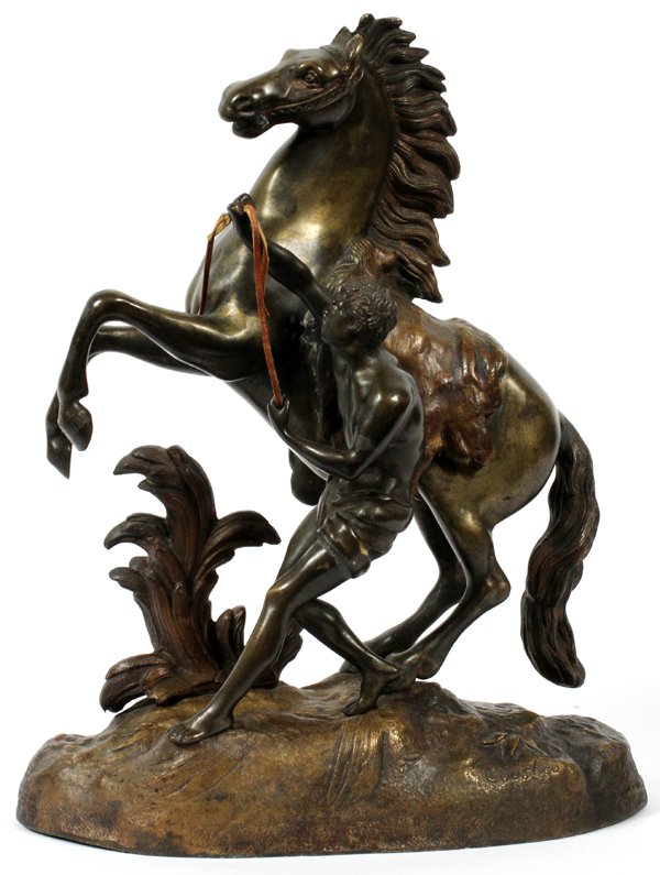 AFTER NICOLAS COUSTOU BRONZE SCULPTURE: AFTER NICOLAS COUSTOU BRONZE SCULPTURE H 15.5" L 12" "MARLEY HORSE":Medium gold to black patina and marked Coustou.