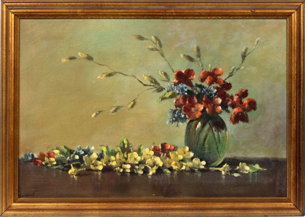 GILBERT OIL ON CANVAS C 1930 STILL LIFE: GILBERT, OIL ON CANVAS C 1930 H 24" W 36" STILL LIFE:Still life of flowers. Signed Gilbert. Circa 1930.