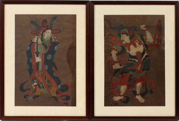 JAPANESE HAND-PAINTED ON PAPER SAMURAI FIGURES: JAPANESE, HAND-PAINTED ON PAPER, SAMURAI FIGURES, 2 PCS, H 14 1/4" W 9 3/4":Depicting one samurai in a crouched, defense position, and the other stepping forward, on the attack. Both figures wear loos