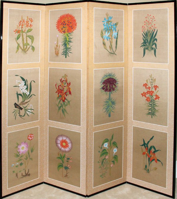 ORIENTAL PAPER FLOWER SCREEN CONTEMPO 4 PANELS: ORIENTAL PAPER FLOWER SCREEN, CONTEMPORARY, 4 PANELS H 72", W 18":Screen has four panels within a wood frame. Each panel features three different hand painted floral species. Beautifully done.