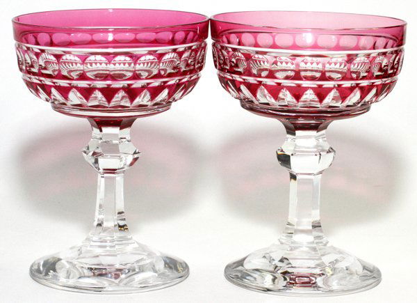 CRANBERRY OVERLAY CRYSTAL CHAMPAGNES 12 PIECES: CRANBERRY OVERLAY CRYSTAL CHAMPAGNES, 12 PIECES, H 5":Hand cut crystal. Hand blown.