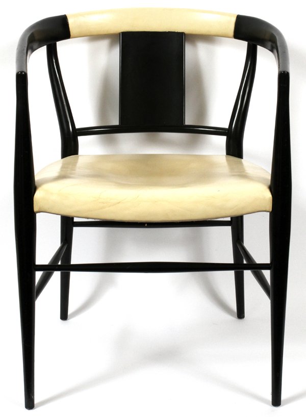 MODERN BLACK LACQUER OPEN ARMCHAIR: MODERN BLACK LACQUER OPEN ARMCHAIR, H 30'', W 20'':Having a curved black lacquer frame, with lower stretchers, and tapered legs. Inset cream leather upholstery to seat and back.