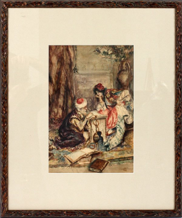 ARABIAN NIGHTS WATERCOLOR ON PAPER: "ARABIAN NIGHTS", WATERCOLOR ON PAPER, H 15" W 10":Matted and framed under glass.