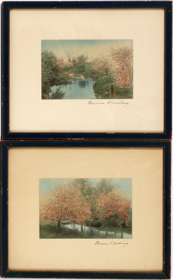 WALLACE NUTTING GARDEN PHOTOGRAPH PRINTS 1919: WALLACE NUTTING, GARDEN PHOTOGRAPH PRINTS, 1919, 2 PCS, H 3 1/2" W 5 3/4":Wallace Nutting [American, 1861-1941]. Both depicting scenes of blooming magnolia trees along a creek. Signed lower right. Dat