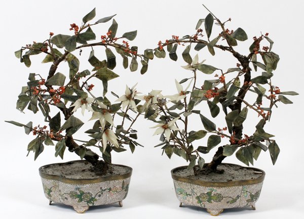 CHINESE JADE TREES IN CLOISONNÉ POTS C. 1900: CHINESE JADE TREES IN CLOISONNÉ POTS, C. 1900, PAIR, H 17", W 14":Having green jade leaves with white and pink coral flowers. Circa 1900.