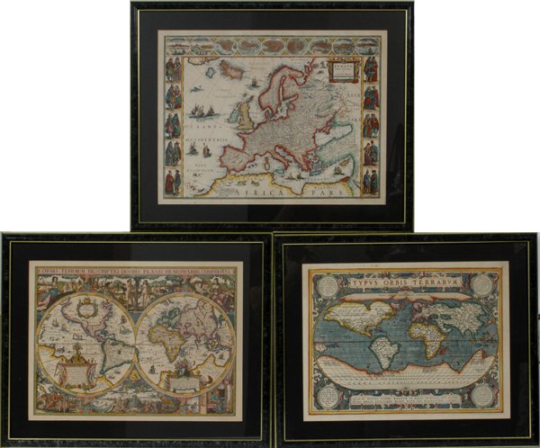 AFTER ORTELIUS BLAEUW & GEELKERCKEN MAPS THREE: AFTER ORTELIUS, BLAEUW & GEELKERCKEN MAPS, THREE, H 15", W 20":Includes the "Typvs Orbis Terrarum" map, after the original by Abraham Ortelius in 1598. One "Orbis Terrarum Descriptio Duobis Planis Hem