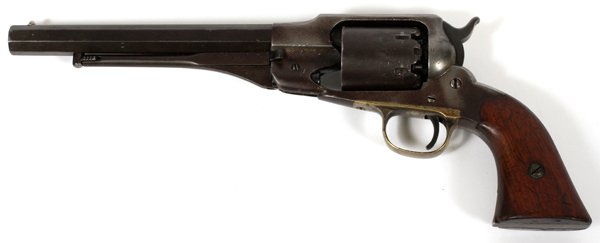 REMINGTON NEW MODEL 1858 PERCUSSION CAP REVOLVER: REMINGTON NEW MODEL 1858, PERCUSSION CAP REVOLVER, .44 CAL, #13459, 1863, L 8" BBL:having an 8" octagonal barrel, brass trigger guard, walnut grips, serial number 13459 dates revolver to 1863. with a 