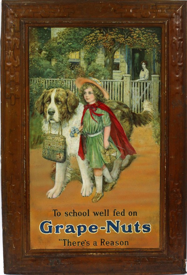 GRAPE NUTS CEREAL ADVERTISING SIGN 1910: GRAPE NUTS CEREAL ADVERTISING SIGN, 1910: depicts a small girl with her St. Bernard dog walking to school with the inscription: "To School Well Fed On Grape Nuts"; stamped metal frame.