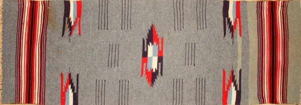 HAND WOVEN SERAPE: HAND WOVEN SERAPE, W 18", L 57":Grey ground, short parallel lines and geometric designs.