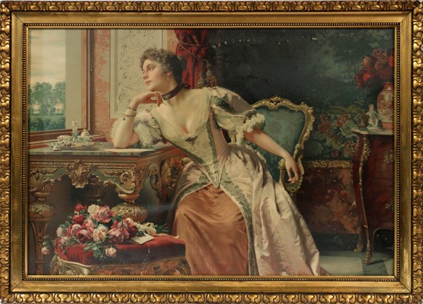 VICTORIAN COLOR PHOTO GRAVURE: VICTORIAN, COLOR PHOTO GRAVURE, 24'' X 36'':Depicting a lady seated at a window in period dress. Gilt wood frame and under glass.