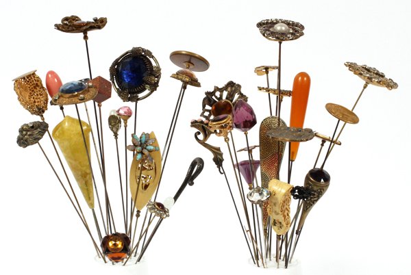 VINTAGE HAT PIN GROUPING LATE 19TH C. 40 PCS: VINTAGE HAT PIN GROUPING, LATE 19TH C., 40 PCS:Majority of them are Victorian and Edwardian hat pins. They range in size from 2 1/2" to 12 1/2" high.