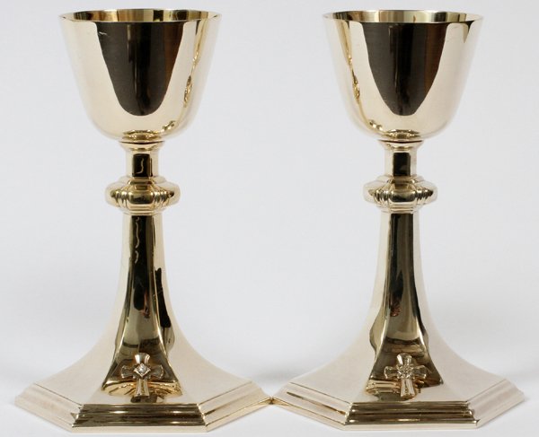 GORHAM STERLING COMMUNION CHALICES #4451 PAIR: GORHAM STERLING COMMUNION CHALICES, #4451, PAIR, H 9":Includes one engraved, "Donated By Sadie C. Schario" at the base, and one engraved, "William F. Schmoldt, S.J., June 14, 1954" at underside. Both 