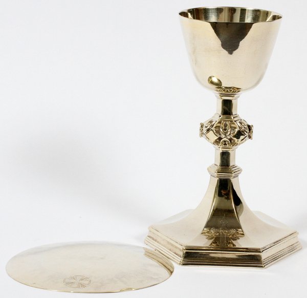 GORHAM STERLING COMMUNION CHALICE W/ PATEN 20TH: GORHAM STERLING COMMUNION CHALICE WITH PATEN, 20TH C., #3708, H 8 1/2":Raised on a hexagonal base, with Celtic styled knob at the neck. Double engraved at underside, "John B. Stokes, Sept. 20, 1930" a