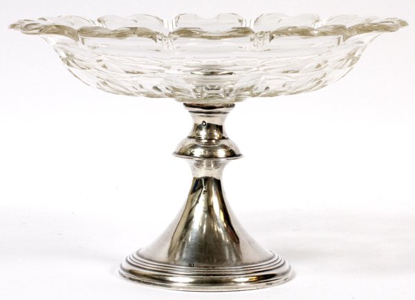 DUTCH SILVER & CUT GLASS COMPOTE C. 1875: DUTCH SILVER & CUT GLASS COMPOTE, C. 1875, H 6 3/4", DIA 10 1/2":A cut glass bowl with scalloped rim raised on a Dutch silver pedestal base with hallmarks, including a lion passant with 2 (indicating