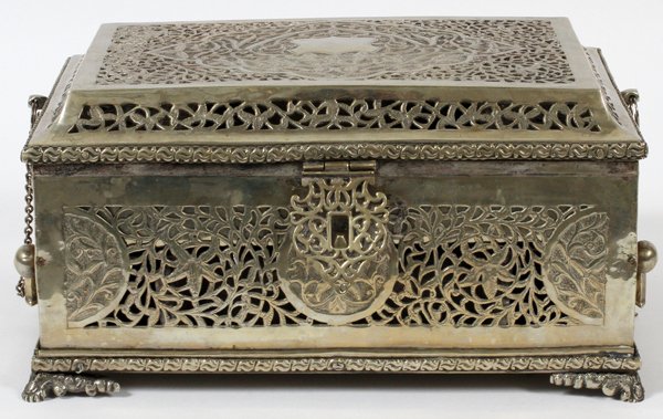 INDIAN SILVER RETICULATED WRITING BOX: INDIAN SILVER RETICULATED WRITING BOX, H 5 1/2", L 10":Rectangular form with hinged cover opening to a removable tray and a total of four hinged compartments, reticulated sides and covers, the whole f