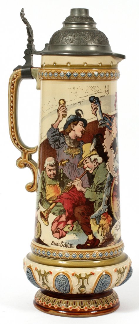 VILLEROY & BOCH METTLACH STEIN #2176 C. 1910: VILLEROY & BOCH, METTLACH STEIN, #2176, C. 1910, H 16", DESIGNED BY H. SCHLITT:Number #2276 crossed out and replaced with #2176. man straddling keg.