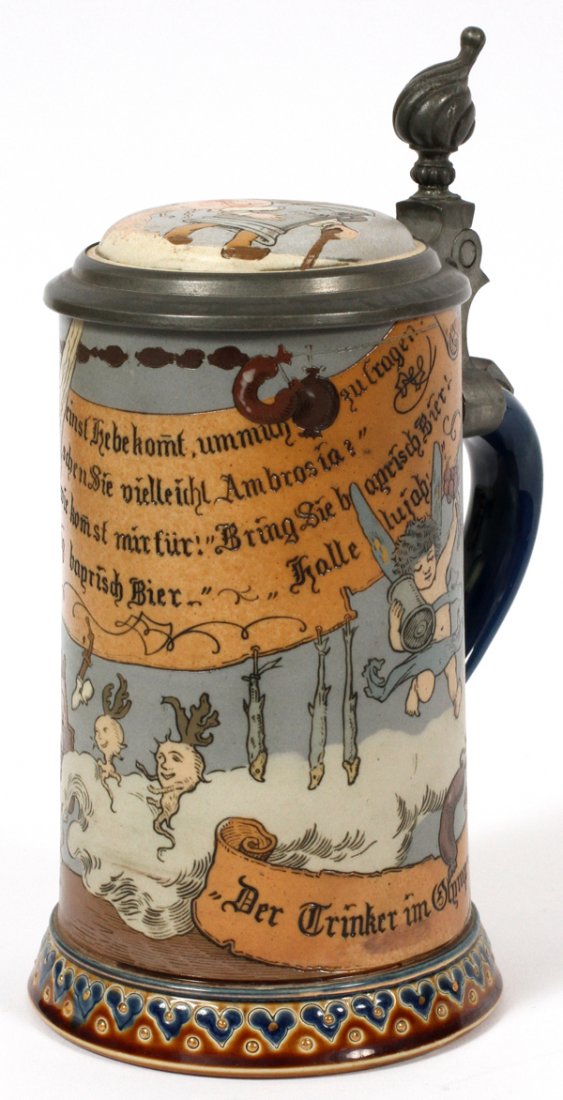 VILLEROY & BOCH METTLACH ETCHED STEIN #2089: VILLEROY & BOCH, METTLACH ETCHED STEIN, #2089, C. 1910, H 8", ANGEL SERVING BEER:Half-litre size.