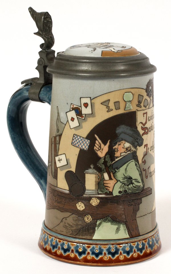 VILLEROY & BOCH METTLACH ETCHED STEIN #2090: VILLEROY & BOCH, METTLACH ETCHED STEIN, #2090, C. 1900, H 7":Mettlach #2090 etched club stein signed Schlitt. Inlay lid. Playing cards in air, old lady with broom.
