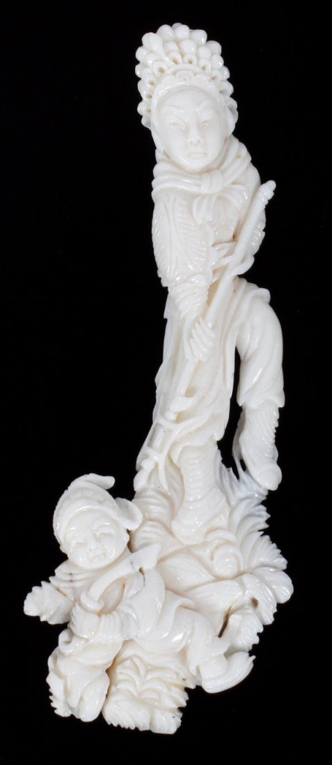 CHINESE WHITE CORAL FIGURAL CARVING: CHINESE WHITE CORAL FIGURAL CARVING, H 6":Carved as a male figure with weapon above a smaller figure with sword.