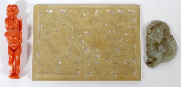 CHINESE SOAPSTONE CARVINGS CORAL FIGURAL NETSUKE: CHINESE SOAPSTONE CARVINGS (2) & CORAL FIGURAL NETSUKE, H 1 3/4"-3 3/4":Including 1 carving, W.1 3/4", 1 pierced rectangular carving, H.3 3/4", and 1 coral figure, H.2 3/8". Three items total.