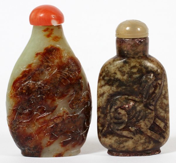 CHINESE HARD STONE SNUFF BOTTLES TWO: CHINESE HARD STONE SNUFF BOTTLES, TWO, H 2 3/4":Including 1 brown and green, H.2 3/4", and 1 brown mottled, H.2 1/2". Both antique.