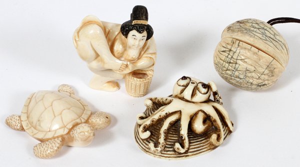 **NO ON-LINE BIDDING-CHINESE IVORY EROTIC CARVINGS, 4: **NO ON-LINE BIDDING-CHINESE IVORY EROTIC CARVINGS, FOUR, W 4'':Including 2 animal form netsuke, their undersides carved with erotic scenes, 1 nut, and 1 female figure. All are signed... IVORY ITEMS W