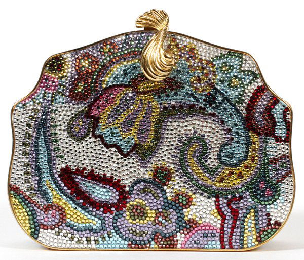 JUDITH LEIBER MULTICOLOR MINAUDIERE: JUDITH LEIBER MULTICOLOR MINAUDIERE, W 4":Full bead silver minaudiere with multicolor crystals in paisley pattern, crystal push button opens to gold leather lining, coin purse, and mirror. Stamped: Ju