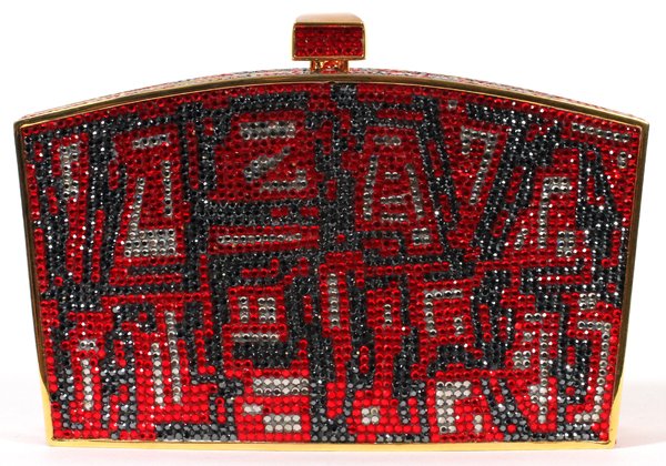 JUDITH LEIBER MULTICOLOR MINAUDIERE: JUDITH LEIBER MULTICOLOR MINAUDIERE, W 5 3/4":Squared shape with full bead multicolor crystals in shades of red, black, and silver, crystal push button opens to gold leather lining, mirror, comb, and