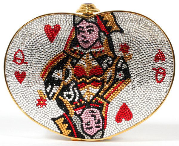 JUDITH LEIBER QUEEN OF HEARTS MINAUDIERE: JUDITH LEIBER QUEEN OF HEARTS MINAUDIERE, W 5 1/2":Full bead silver crystal heart shape with red, gold, and black crystal Queen of Hearts design, heart shaped red cabochon push button opens to gold le