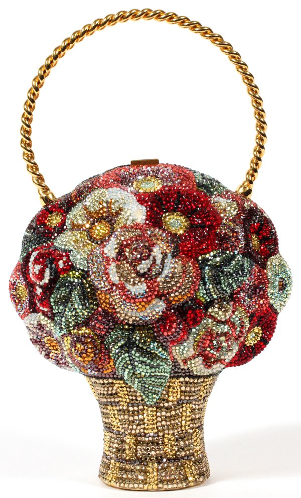 JUDITH LEIBER FLORAL BASKET MINAUDIERE: JUDITH LEIBER FLORAL BASKET MINAUDIERE, W 5 1/2":Full bead multicolor crystal bouquet in basket with gold handle, crystal push button opens to gold leather lining, coin purse, and mirror. Stamped: Jud