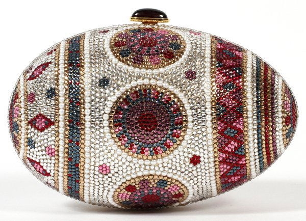 JUDITH LEIBER MULTICOLOR EGG MINAUDIERE: JUDITH LEIBER MULTICOLOR EGG MINAUDIERE, W 5 3/4":Full bead multicolor crystal egg in shades of pink, red, blue, purple, silver, and gold, with pearl style bead accents, dark red cabochon push button