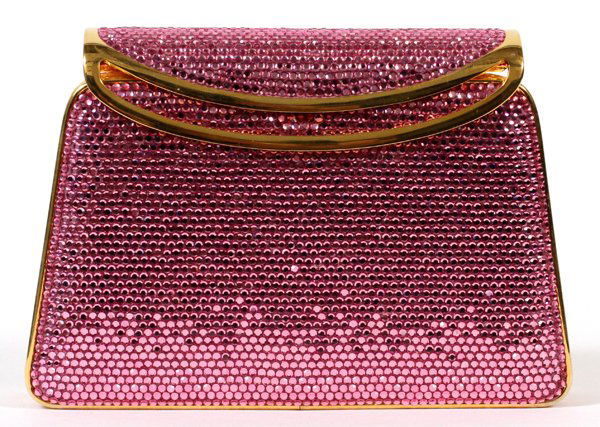 JUDITH LEIBER PINK MINAUDIERE: JUDITH LEIBER PINK MINAUDIERE, W 5 3/4":Square shape with full bead pink crystal, clasps open to gold leather lining. Stamped: Judith Leiber, New York. Measures W. 5 3/4" x 4 1/2" (19 1/2" to the chai