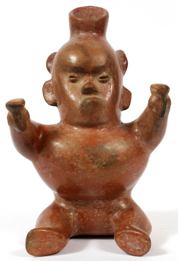 PRE-COLUMBIAN STYLE POTTERY FIGURAL VESSEL: PRE-COLUMBIAN STYLE POTTERY FIGURAL VESSEL, H 9 3/4'', W 7'':Seated figure with broad chest, holding objects with raised arms. Decorated in red.