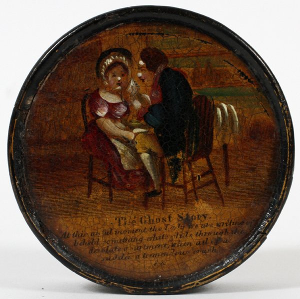 LACQUERED PAPIER MACHE SNUFF BOX EARLY 19TH C.: LACQUERED PAPIER MACHE SNUFF BOX, EARLY 19TH C., DIA 2 3/4":Purportedly belonged to Daniel Webster. A round box with removable cover decorated with a figural scene entitled "The Ghost Story".