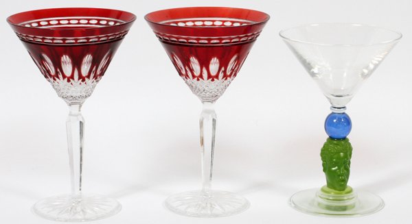 WATERFORD CRYSTAL & JOLLEY MARTINI GLASSES: WATERFORD 'CLARENDON-RUBY' CRYSTAL & RICHARD JOLLEY MARTINI GLASSES, THREE, H 7":Including 2 Waterford "Clarendon-Ruby" crystal martini glasses and 1 Richard Jolley martini glass with frosted green fa