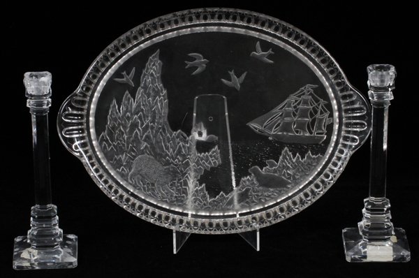 CRYSTAL GLASS CO. 'POLAR BEAR' TRAY CANDLESTICKS: CRYSTAL GLASS CO. 'POLAR BEAR' TRAY, C. 1883, L 15", & A PAIR OF CANDLESTICKS, H 9":Including 1 Crystal Glass Co. "Polar Bear" water tray, c. 1883, colorless with a frosted Arctic scene featuring a po
