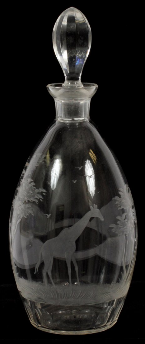 ROWLAND WARD ETCHED CRYSTAL DECANTER: ROWLAND WARD ETCHED CRYSTAL DECANTER, H 11 1/2":Etched landscape with a giraffe.
