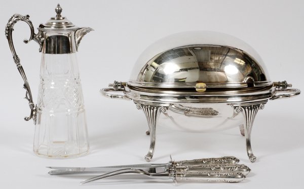 ENGLISH SILVERPLATE SERVING PIECES 20TH C.: ENGLISH SILVERPLATE SERVING PIECES, 20TH C., FIVE PIECES:Includes a dome form chafing dish, raised on four scrolled legs, measuring H. 10" x 15 1/4", a three piece carving set, with shell and floral d