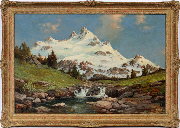 ALEXANDER DZIGURSKI OIL ON CANVAS COLBRICON ITALY: ALEXANDER DZIGURSKI, OIL ON CANVAS, H 24", L 36", "COLBRICON ITALY":Alexander Dzigurski [AMERICAN/YUGOSLAVIAN, 1911-1995]. A landscape featuring the Colbricon Mountain in Italy with a brook flowing in