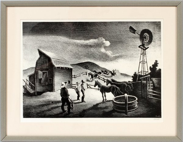 THOMAS HART BENTON LITHOGRAPH ON PAPER THE CORRAL: THOMAS HART BENTON [AMERICAN, 1889-1975], LITHOGRAPH ON PAPER, H 9 1/2" W 13 1/2", "THE CORRAL":Thomas Hart Benton [American, 1889-1975]. Pencil signed and signed in plate lower right. Matted and fram