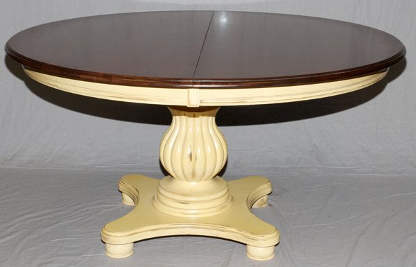 NICHOLS & STONE MAHOGANY PEDESTAL DINING TABLE: NICHOLS & STONE MAHOGANY PEDESTAL DINING TABLE H 30", DIA 59.5":Having a painted pedestal base with natural top and accompanied by a single leaf L 18".