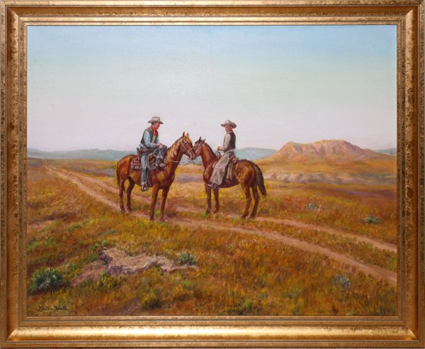 LESTER HALL OIL ON CANVAS, CONVERSATION: LESTER HALL, OIL ON CANVAS, 18" X 24", 'CONVERSATION':Signed lower left, framed.