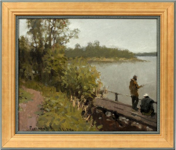 A. GORDANOV OIL ON CANVAS 'THE FISHERMAN': A. GORDANOV, OIL ON CANVAS, 'THE FISHERMAN', 21'' X 26'':Adrian Gordanov. Signed lower left. Framed. H 21 1/4'', W 26''