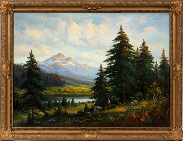HENRY HARVEY OIL, FOREST WITH WALKING FIGURES: HENRY HARVEY, OIL ON CANVAS, 28" X 38", "FOREST WITH FIGURES WALKING":Signed lower left. Framed.