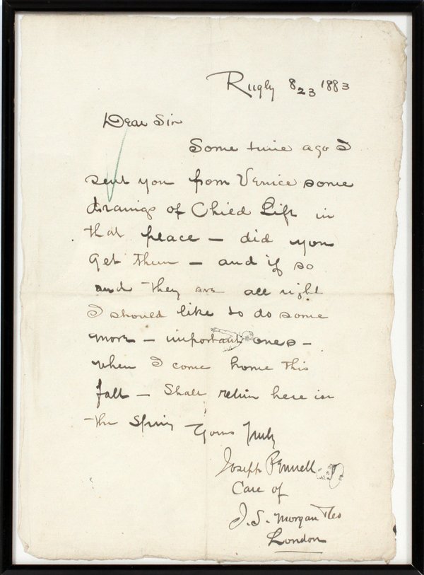 JOSEPH PENNELL AUTOGRAPHED LETTER 8-23-1883: JOSEPH PENNELL, AUTOGRAPHED LETTER, 8-23-1883, 13" X 9":Salutation is "Dear Sir"; concerning drawings sent with a small portrait drawing in the signature area; framed.